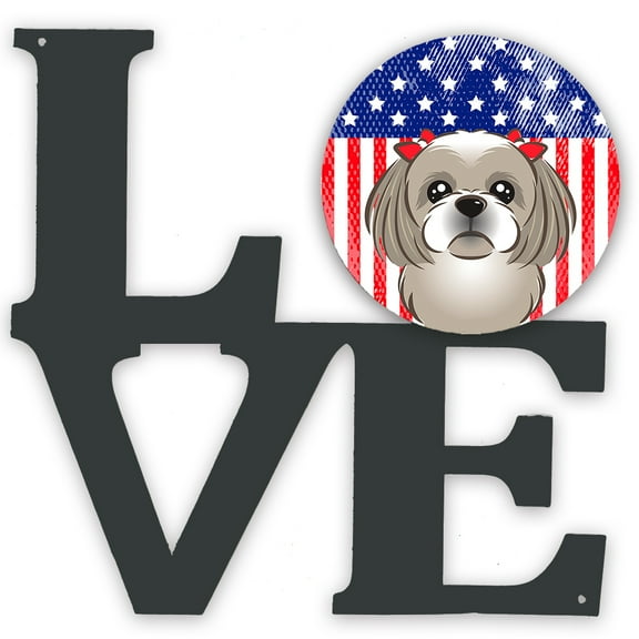 American Flag and Gray Silver Shih Tzu Metal Wall Artwork LOVE