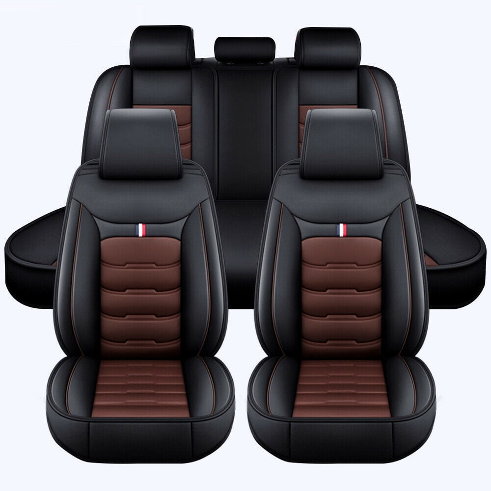 TIANLAIMEI Leather Car Seat Covers Full Set Front and Rear Bench Backrest Seat Cover Set Universal Fit for Sedan SUV Truck Black/Brown