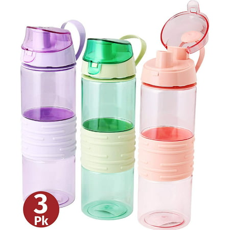 Sports Water Bottle - Kids Reusable Leakproof 25 Oz 3-pack Plastic Wide Mouth Large Big Drink Bottle BPA & Leak Free With Handle Strap Carrier For Gym Cycling Camping Hiking Yoga