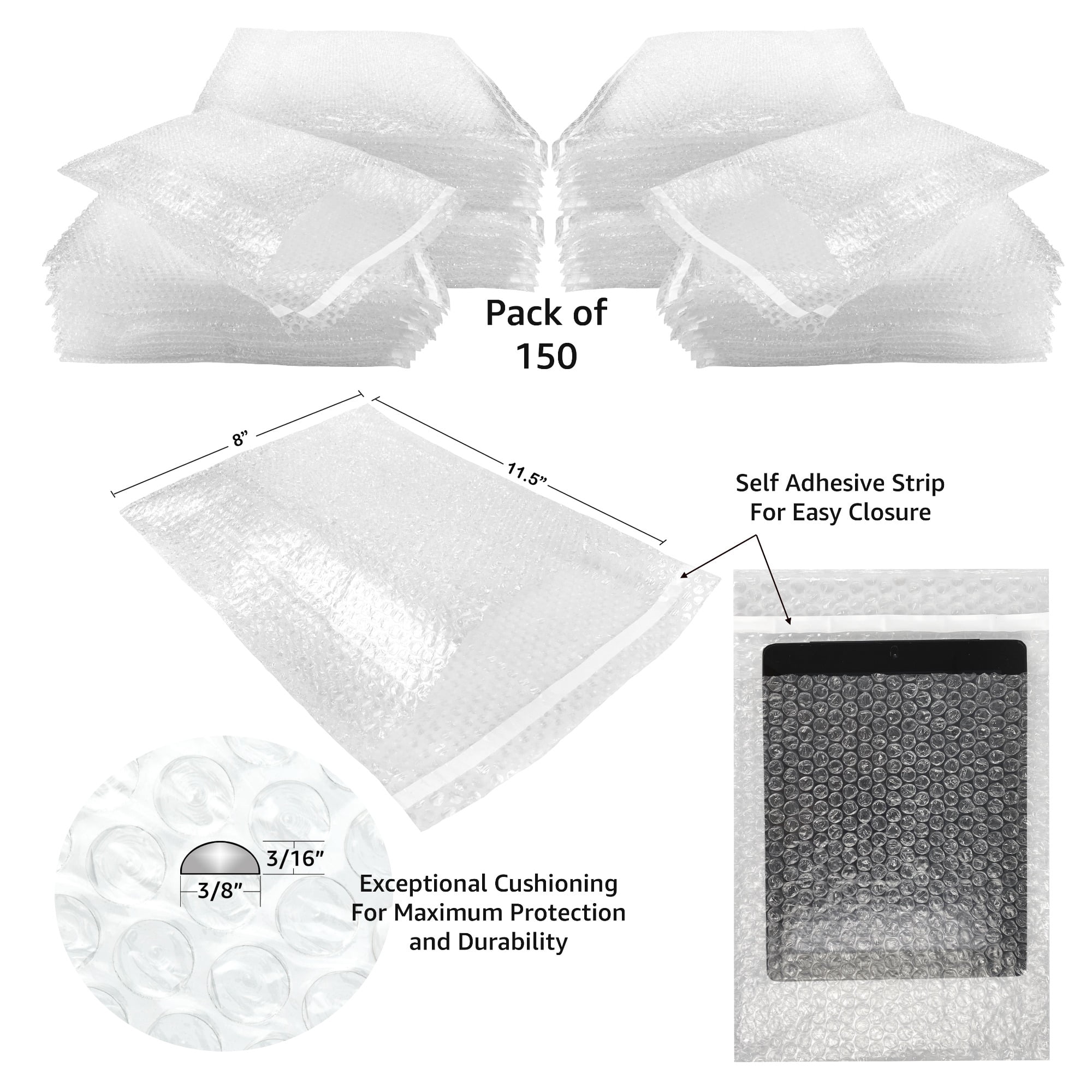 UOFFICE Bubble Out Bags, 8"x11.5" Bubble Wrap Bags, Self-Seal, 150 Count, 1 Pack