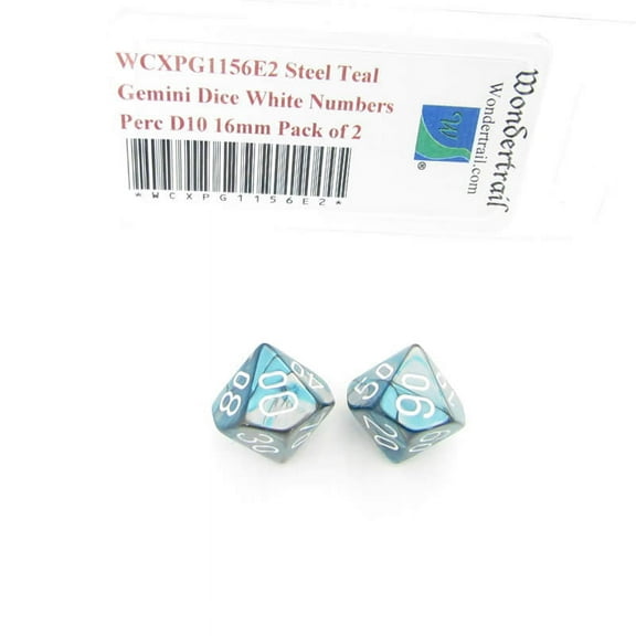 Steel and Teal Gemini Dice with White Numbers Perc D10 Aprox 16mm (5/8in) Pack of 2 Wondertrail