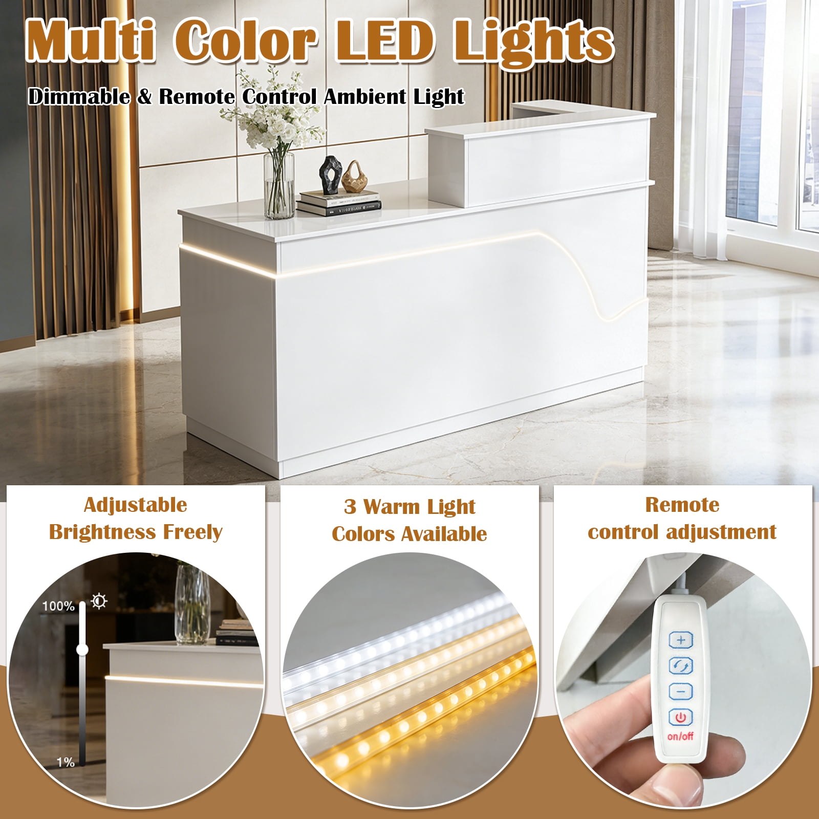 Vakiorn L Shaped Modern Wooden Commercial Reception Desk 63inch with Counter Shelves Drawers Light for Office Home White Left