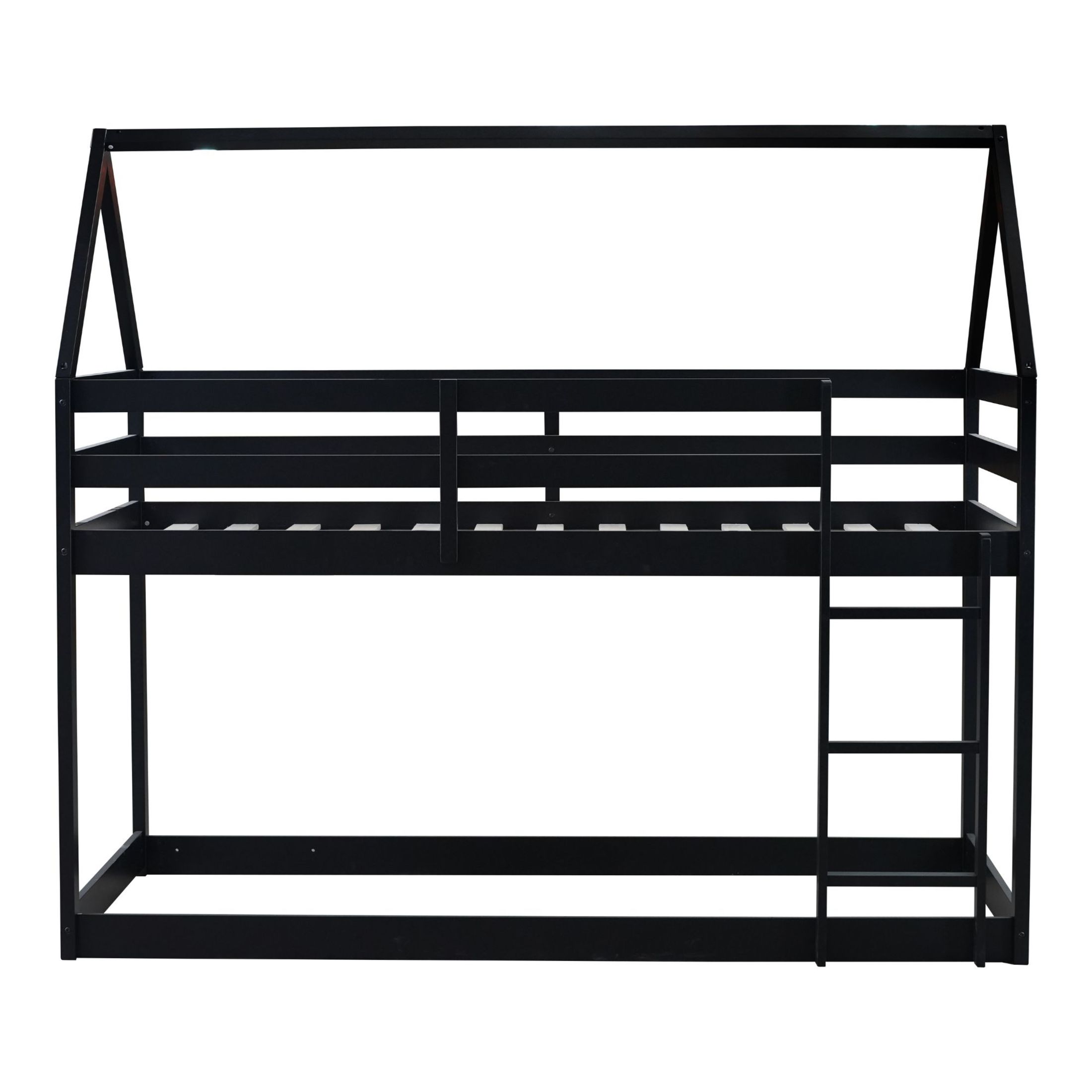 Noble House Sasa Twin over Twin Rubber Wood House Bunk Bed, Low Floor Design with Guardrails and Ladder, Black