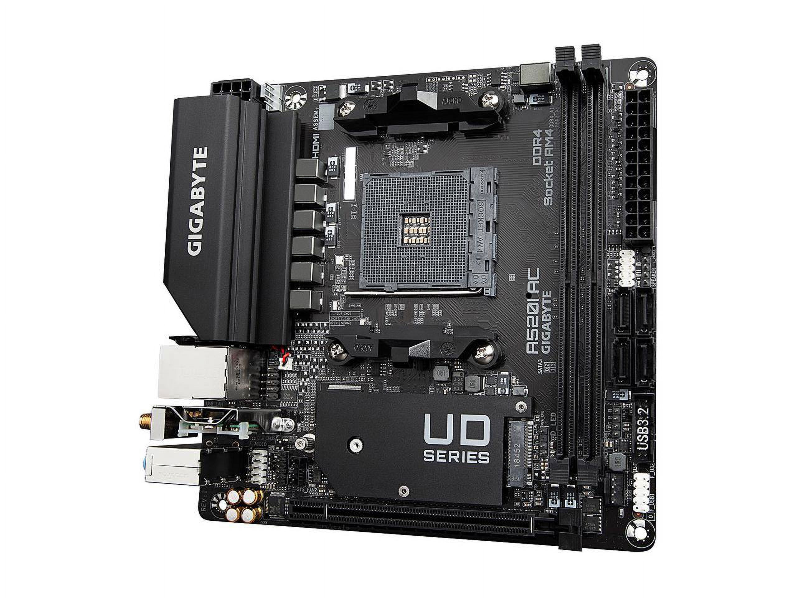 GIGABYTE A520I AC mITX AM4 Direct 6 Phases Digital PWM with 55A DrMOS, GIGABYTE Gaming GbE LAN, Intel WiFi+Bluetooth, NVMe PCIe 3.0 x4 M.2, 3 Display Interfaces, Q-Flash Plus, RGB Fusion 2.0, Motherbo