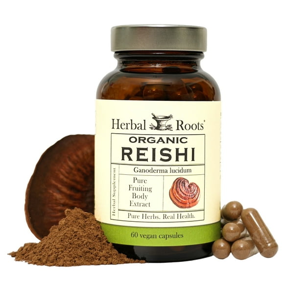 Herbal Roots Organic Reishi Supplements, Fruiting Bodies, Immune Support, 60 Vegan Capsules