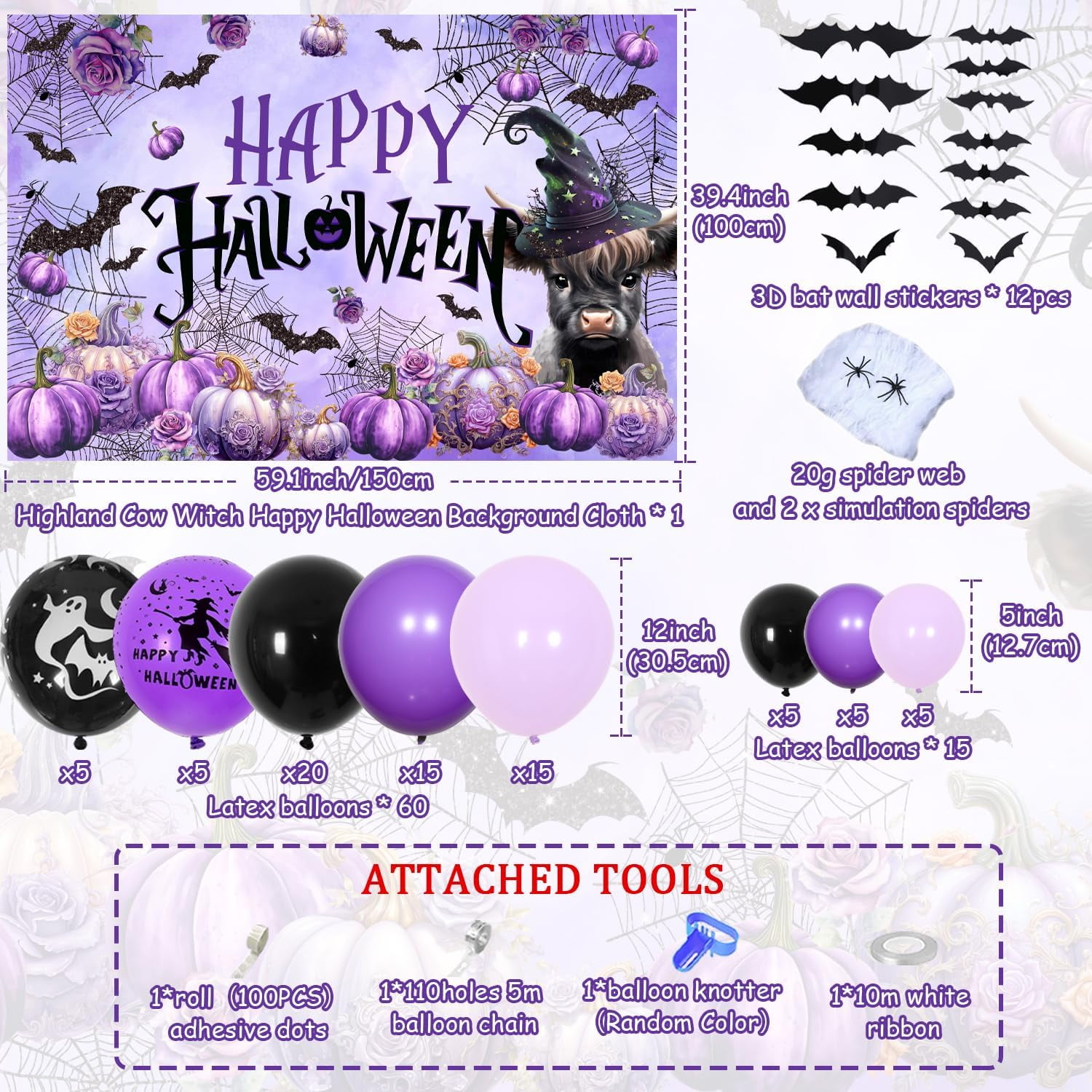Halloween Highland Cow Decorations Purple Floral Witch Hat Pumpkin Backdrop Happy Halloween Photograph Background Bat Spider Purple Black Balloon Garland Arch Kit for Halloween Birthday Party Supplies