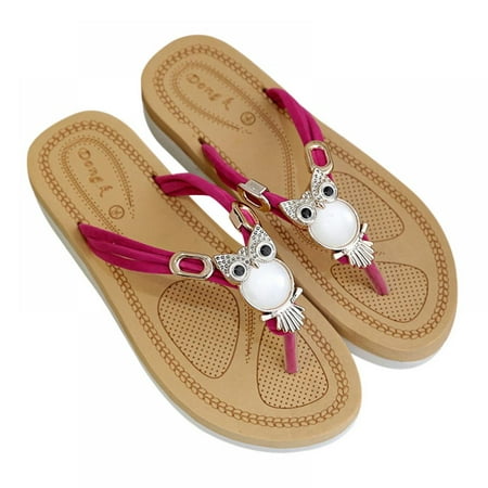 

Wuffmeow Women Flat-toe Flat-heeled Sandals And Slippers with Beaded Rhinestone Flip-flops
