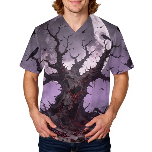 Domuza Halloween Scrub Shirts for Men Spooky Novelty Graphics V-Neck Short Sleeve Caregiver Uniform Shirts Comfy Soft Classic Fit Medical Scrub Tops 2XL
