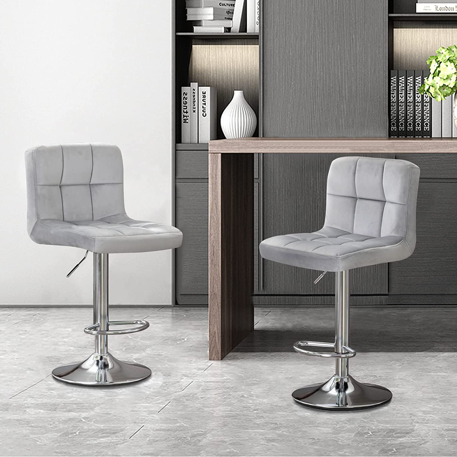 Velvet Bar Stools Set of 2, Swivel Counter Stools with Back Height