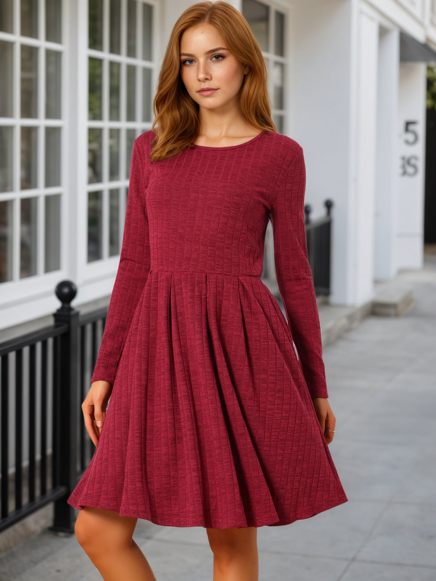 DARING DIVA Long Sleeve Round Neck A- Line Swing Knee Length Dress S Wine Red