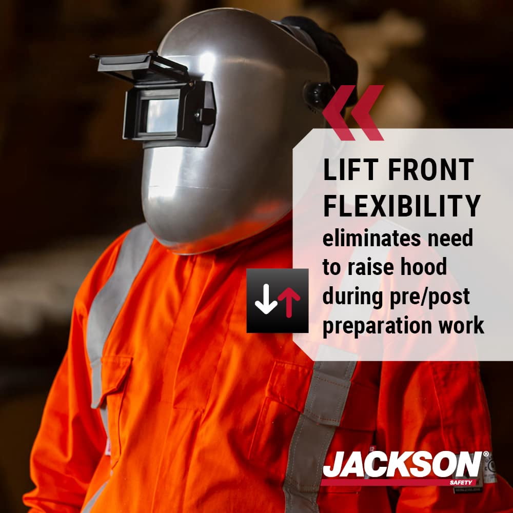 Flip Front Pipeline Welding Helmet Shade 10, Spark Resistant Nylon Construction, Easy Fit Headgear for Overhead Work, Silver