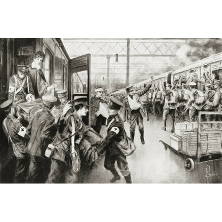 Troop London Soldiers wounded during WWI arriving at Waterloo Station London England as another train full of troops is about to leave for the front on the opposite platform From The War Illustrated Album Deluxe ()