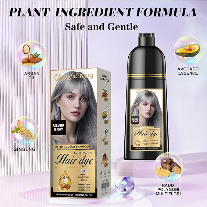 Hair Dye Shampoo 3-in-1, Semi-Permanent Color Enhancing Shampoo, Color Depositing Shampoo for Women & Men, Vegan, Ammonia-Free (Silver Gray)
