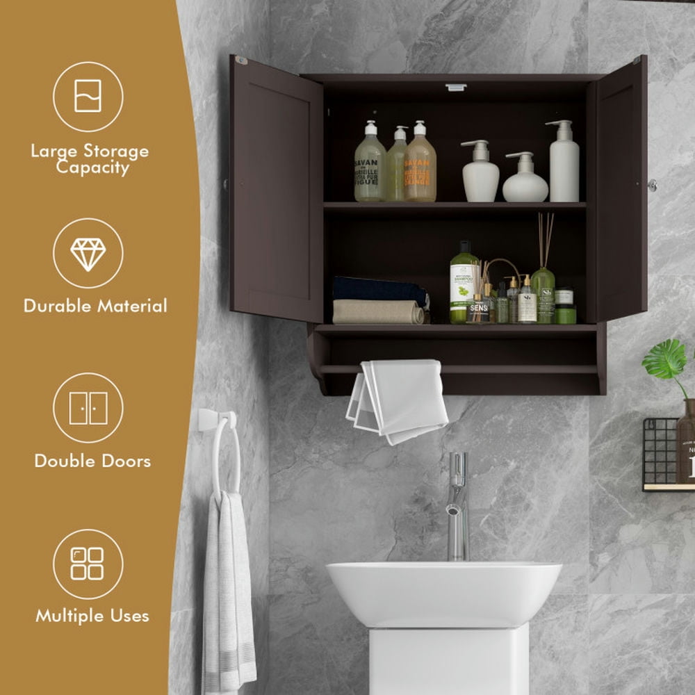 Finihen Wall Cabinet, Wall Mounted Bathroom Cabinet, Medicine Cabinet, Wall Mounted Bathroom Storage Medicine Cabinet with Towel Bar, for Kitchen Entryway Bathroom, Brown