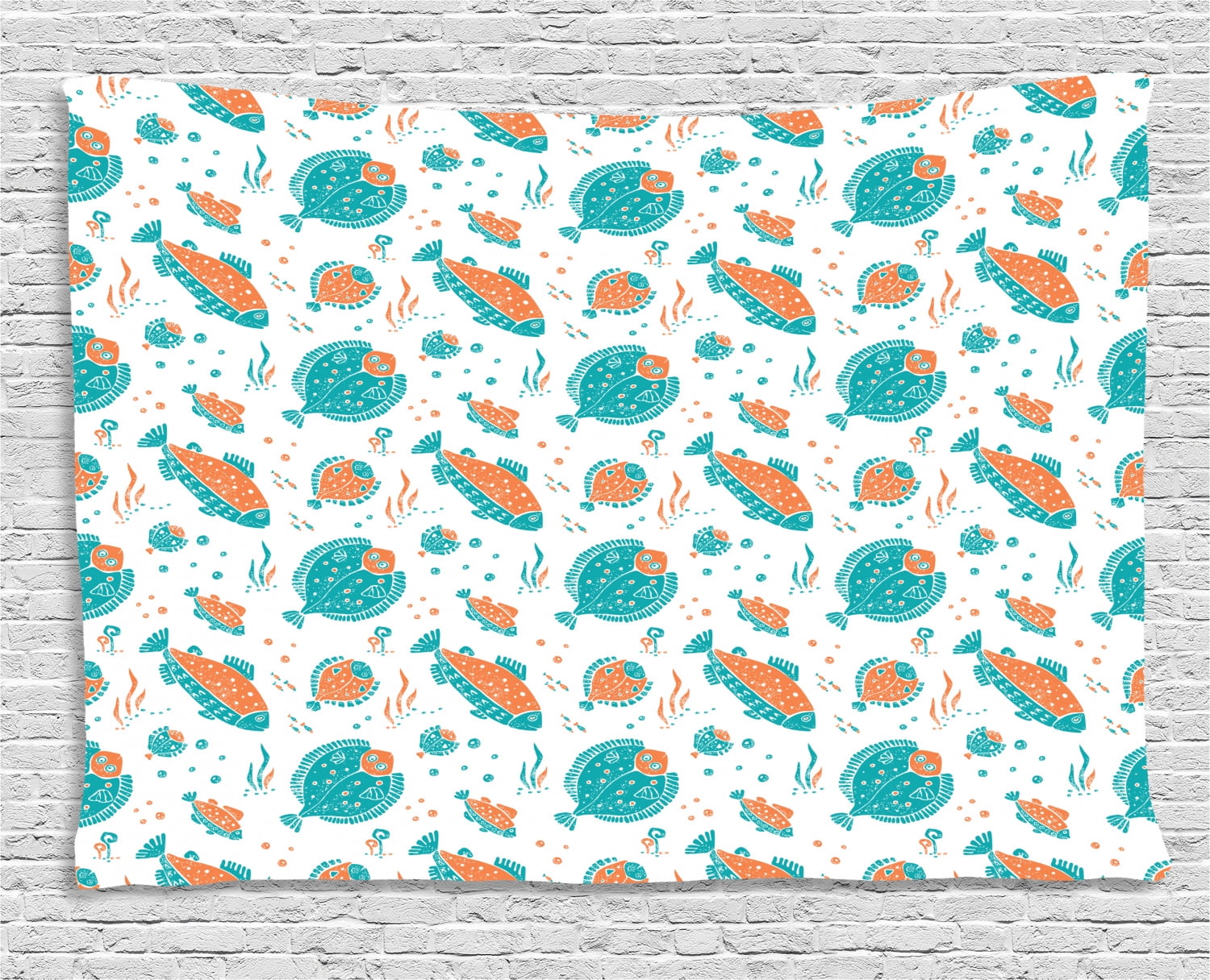 Home Decor Tapestry, Flounder and Trout Naive Lino Style Algae ...