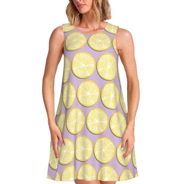 Fotbe Yellow Lemon Slices Vestido de Verano sin Mangas para Mujer – Vestido Midi Línea A, Estilo Camiseta Floral, Vestido Playero Casual y Fluido