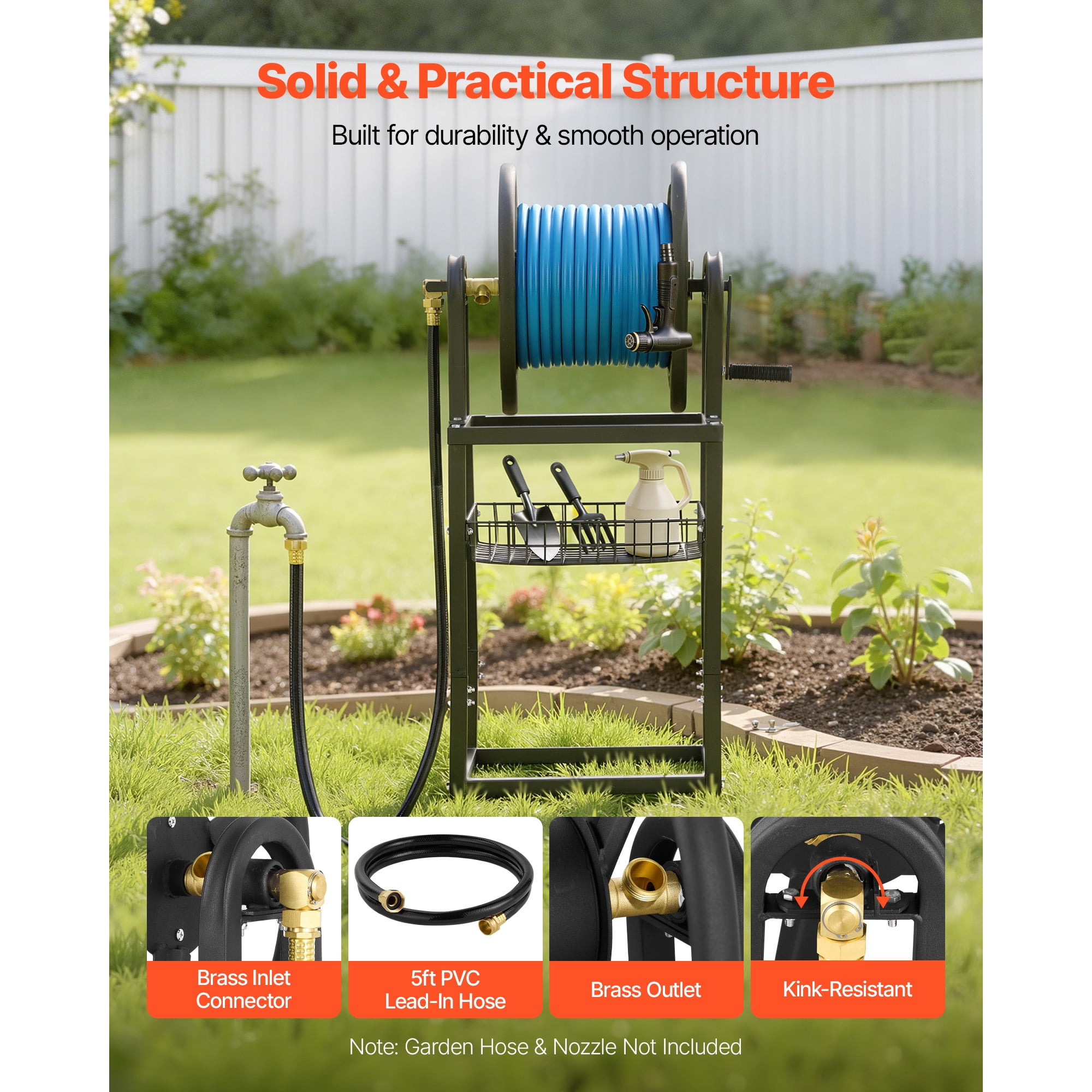 KFFKFF Freestanding Garden Hose Reel, Accommodates 200 Feet of 5/8-inch Hose, Wall or Ground Installation, Removable Holder with Storage Shelf, 5 ft Connector Hose, Brass Connector, 4 Ground Stakes