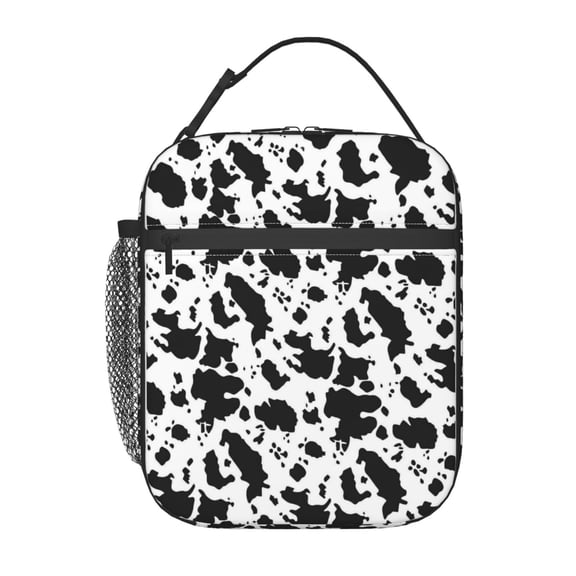 Black White Cow Print Lunch Bag Reusable Thermal Lunch Box with Handle for Women and Men