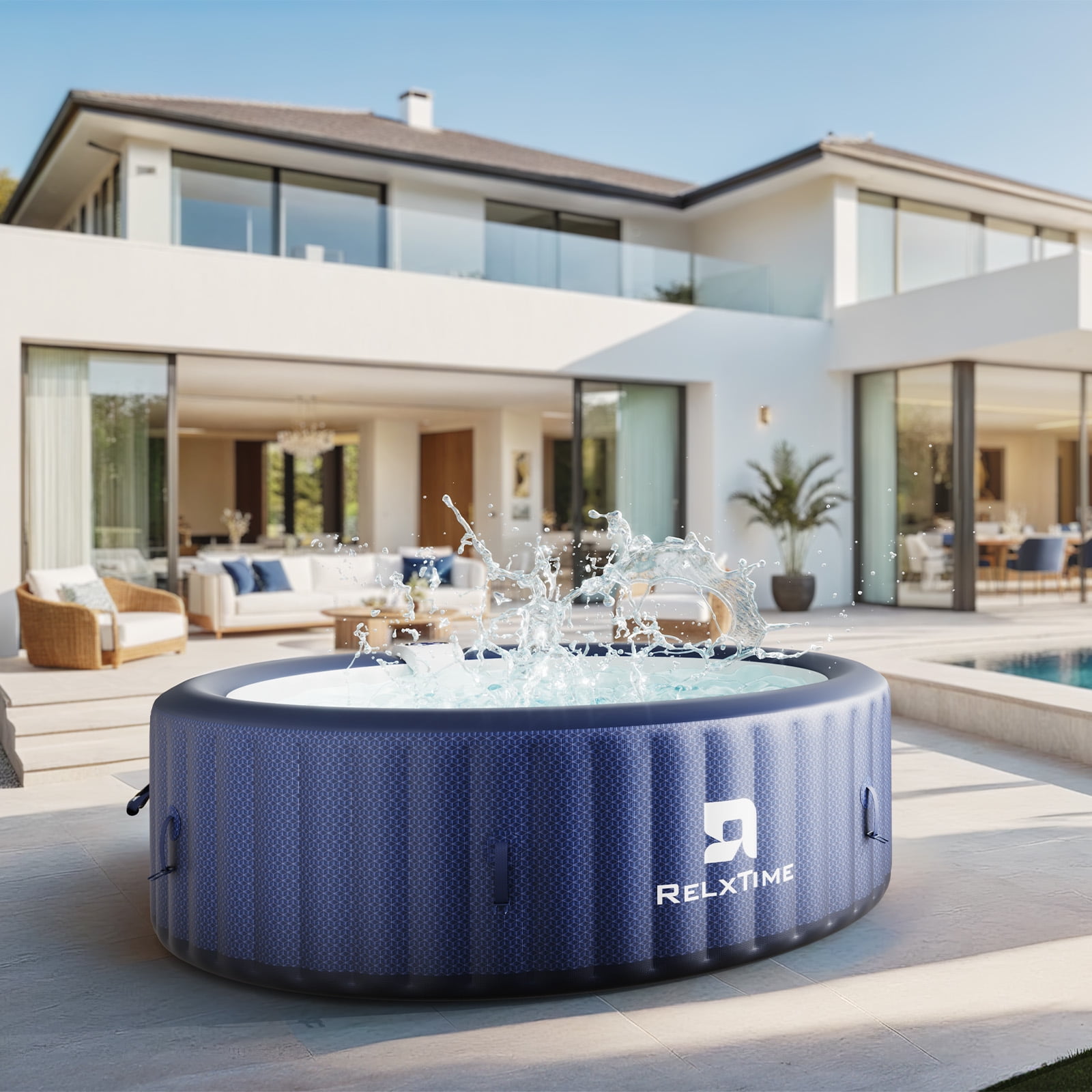 RELXTIME 4-6 Person Inflatable Hot Tub Pool Round Portable Outdoor Spa with 130 Massage Jets, Blue