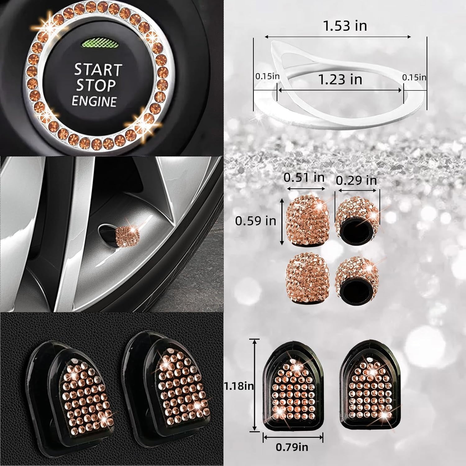 27 PCs Gold Champagne Bling Car Accessories Set for Women, Steering Wheel Covers Universal Fit 15 Inch, Bling License Plate Frame, Bling Phone Holder, Bling Car Coasters