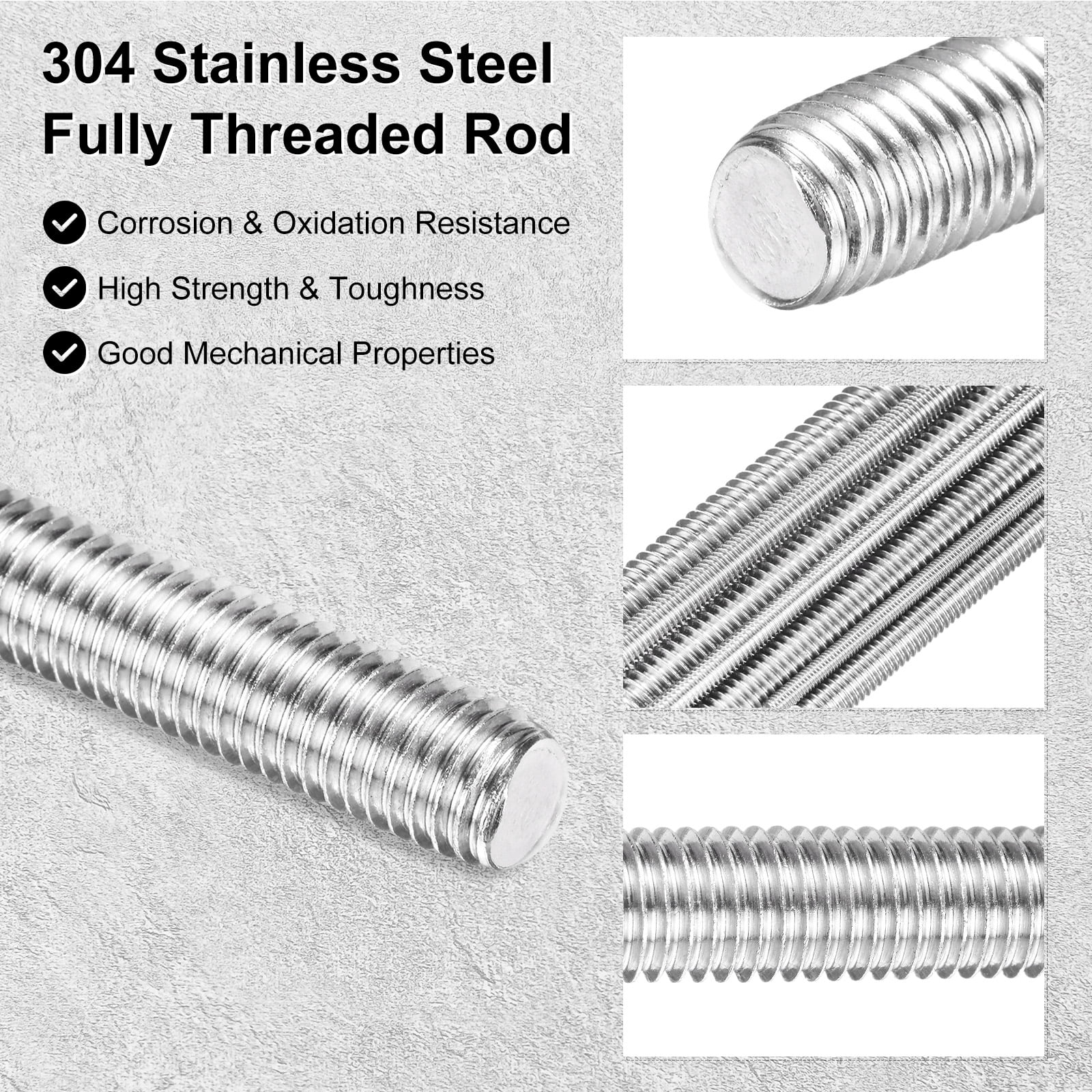 Uxcell 5-Pack Fully Threaded Rod, M12x250mm 304 Stainless Steel Right Hand Thread Bar Studs