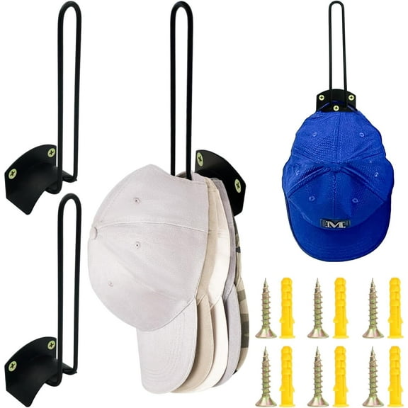 2 Pack Hat Organizer for Baseball Caps, Metal Hat Hooks for Wall, Multi-purpose L-Shaped Screw-in Hat Holders for Closet, Black
