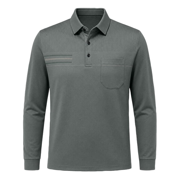 Long Sleeve Polo Shirt for Men Chest Pocket Polo Button Striped Detail Slim Fit Shirts for Weekend Gathering