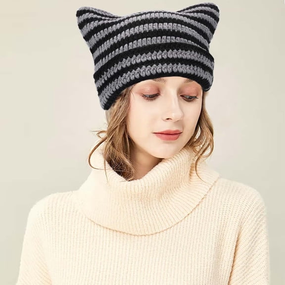 Koudindg Crochet Hats for Women Cat Ear Knit Hat Vintage Beanie Grunge Accessories Slouchy Beanies for Womens (Black Grey)