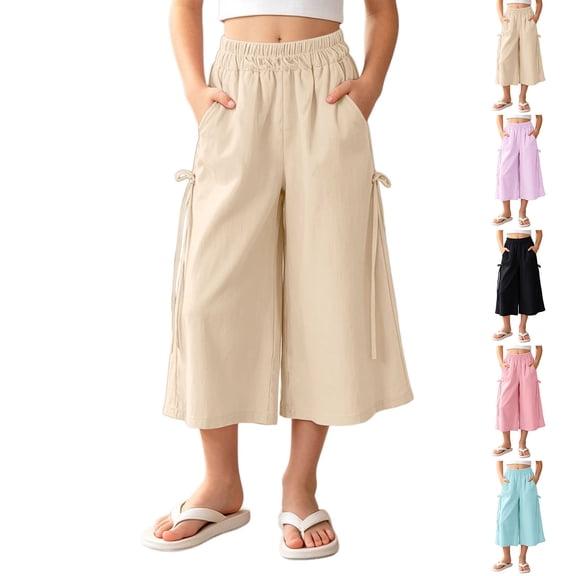 Girls Capri Pants with Pockets Elastic Waist Wide Leg Capri Beige Pants Girls Beach Pants Size 5-15 Years