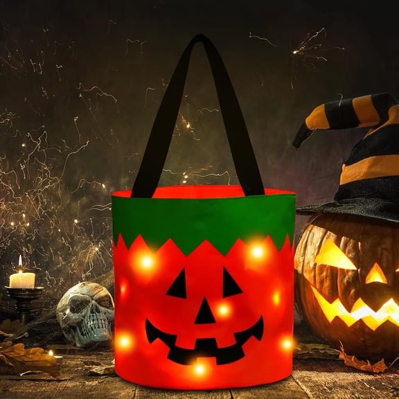 1pcs Halloween Trick or Treat Candy Bags LED Light Up Pumpkin Bucket, Collapsible Reusable Candy Basket, Fabric Tote Gift Goody Bags for Kids Halloween Party (Orange)