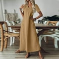 thumbnail image 6 of Evdexr Cotton Shirt Dresses Women Linen Maxi Dresses Solid Colour Flowy V Neck Short Sleeve A-Line Shirt Dress Flowy Oversized Plus Size Casual Dress with Pockets Light Brown M, 6 of 7