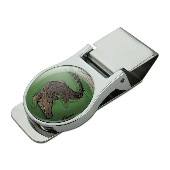 Crocodile in Swamp Satin Chrome Plated Metal Money Clip
