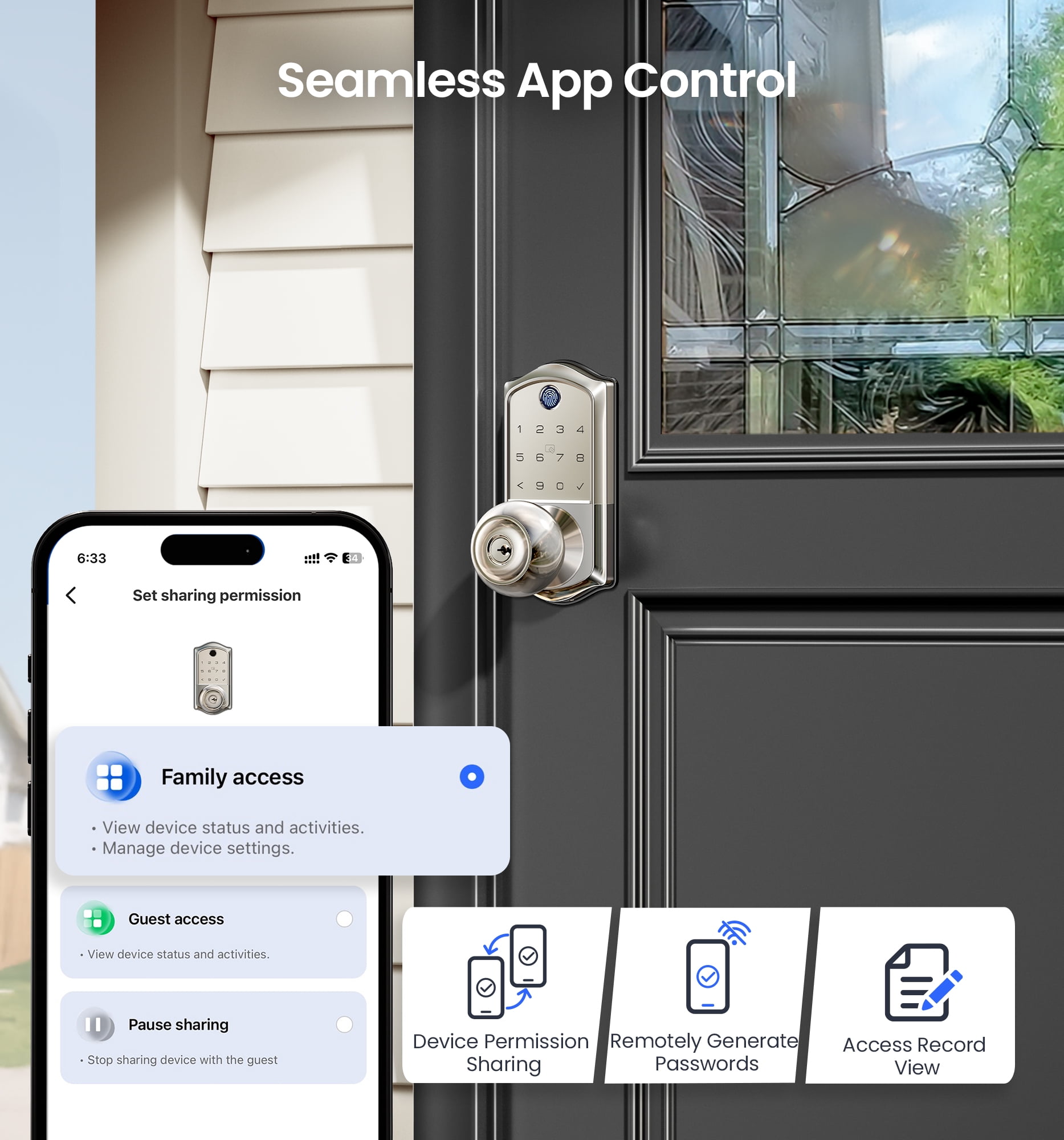 Veise Fingerprint Smart Knob Handle Lock, Keyless Entry, App Control, Electronic Digital Keypad, Remote Access Sharing, Auto Lock, Satin Nickel