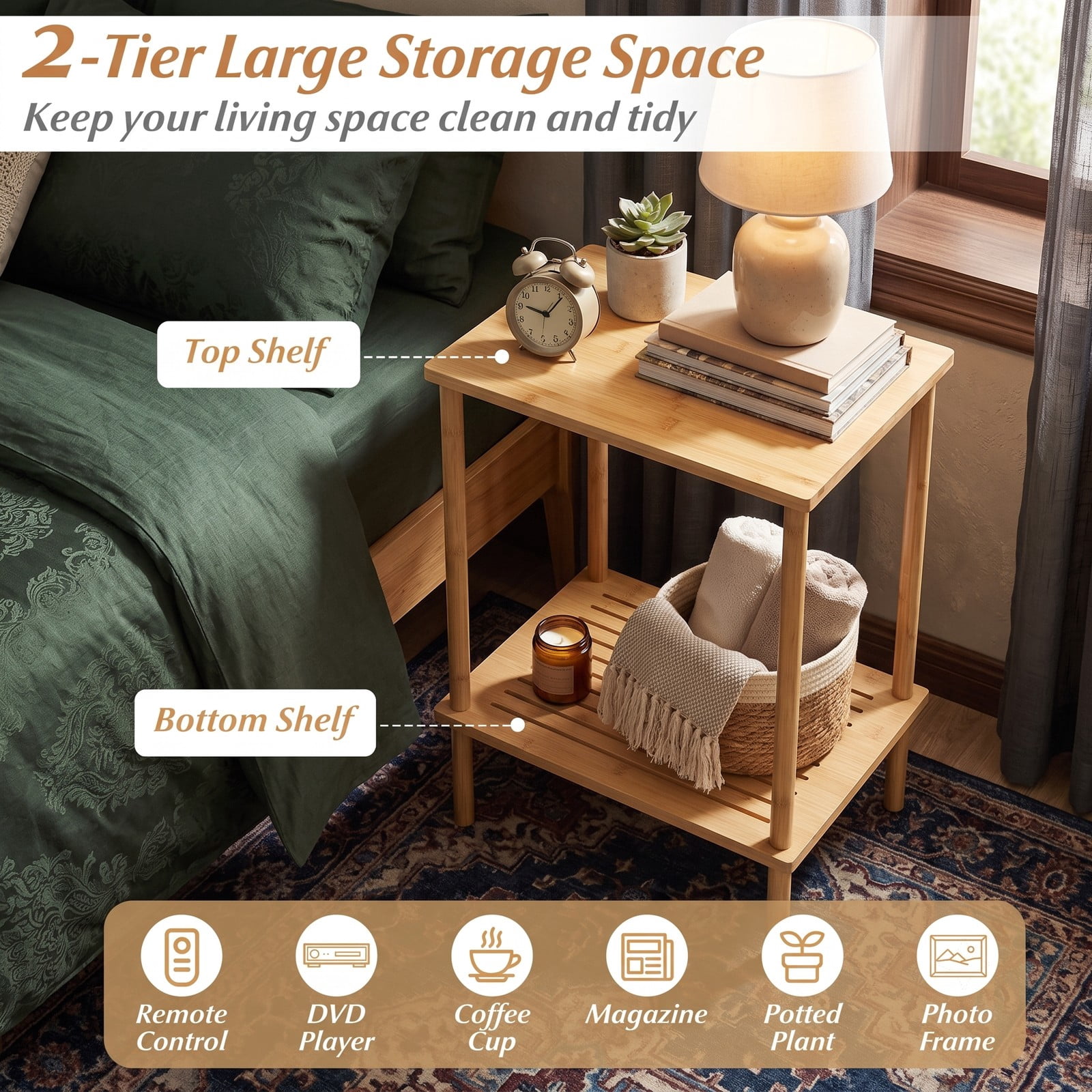 Furnibear Side Table Set of 2, 2-Tier Bamboo End Table with Storage Shelves, Rectangular Sofa Tea Table Nightstand for Living Room Bedroom, Natural