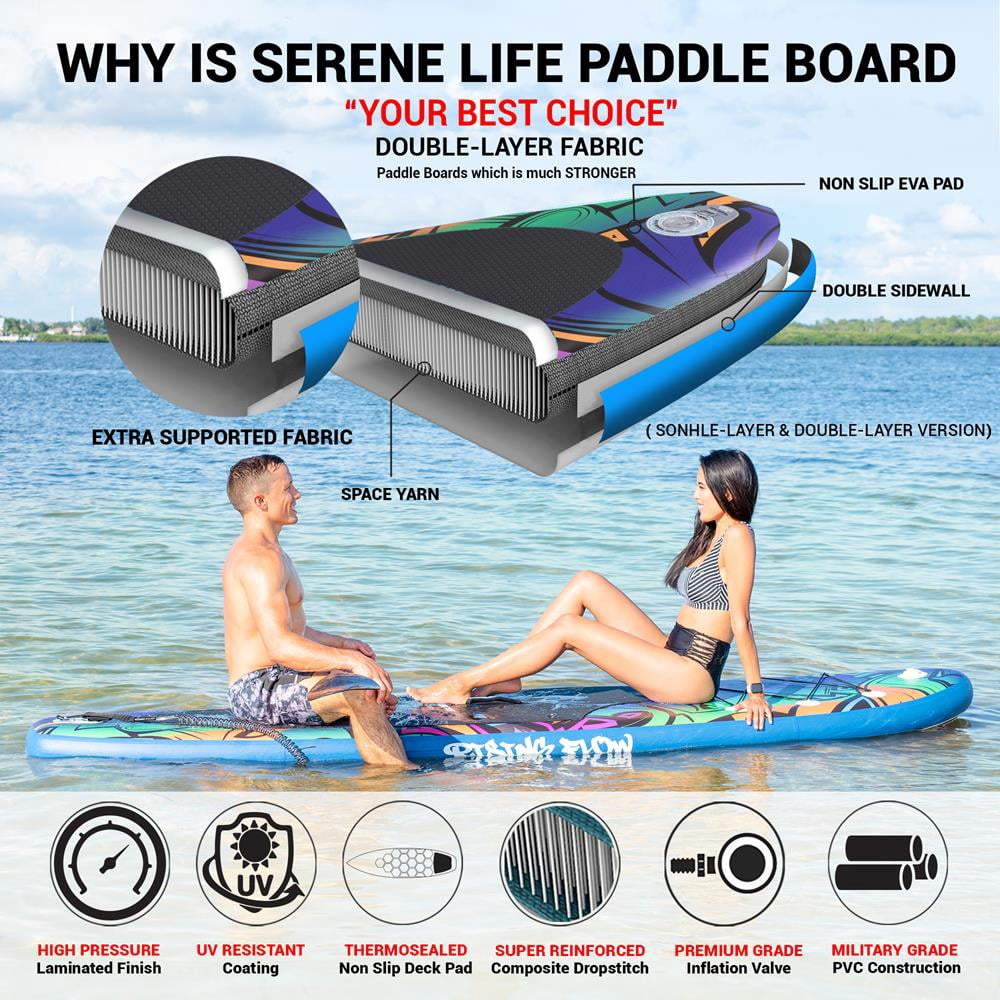 SereneLife SLSUPB636 - Rising Flow Paddleboard SUP - Stand Up Water Paddle-Board w/ Waterproof Mobile Phone Case (10’6”)