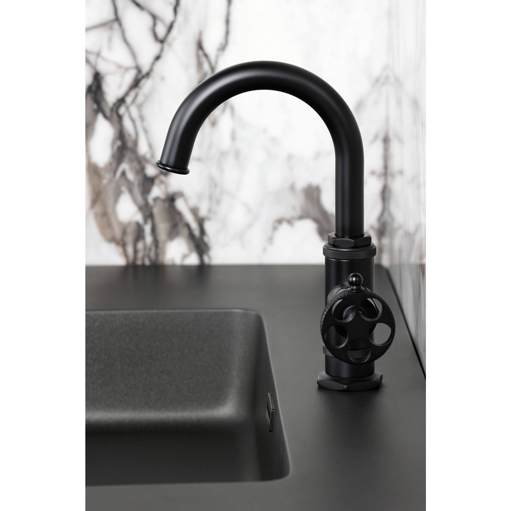 Kingston Brass KSD2210RKX Webb One-Handle 1-Hole Bathroom Faucet with Knurled Handle, Deck Plate, and Push Pop-Up Drain in Matte Black
