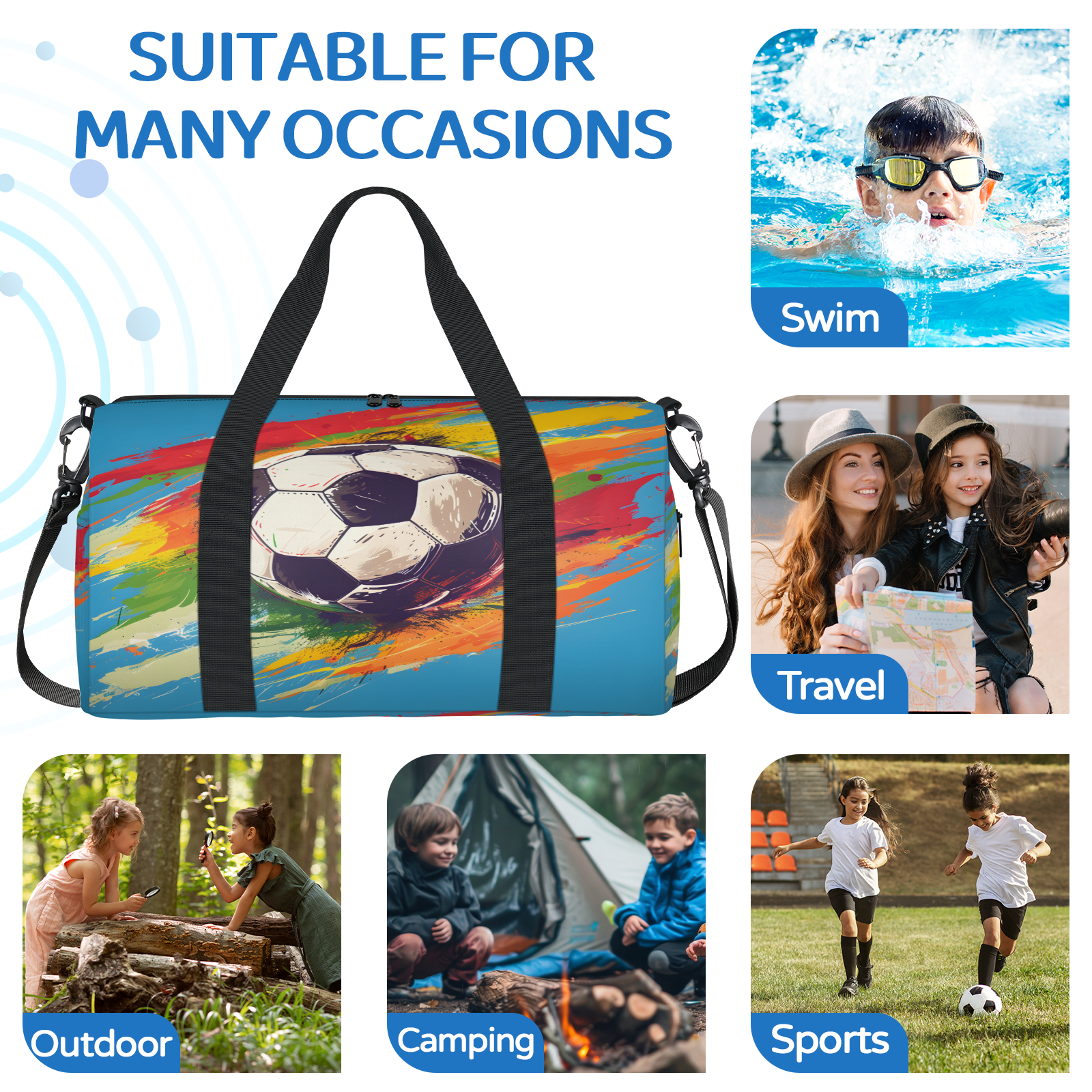 Herdesigns Sports Travel Duffle Bag Sports Yoga Weekender Overnight Carry on Workout Bags Lightweight Waterproof Gym Tote Bag for Women Football Soccer