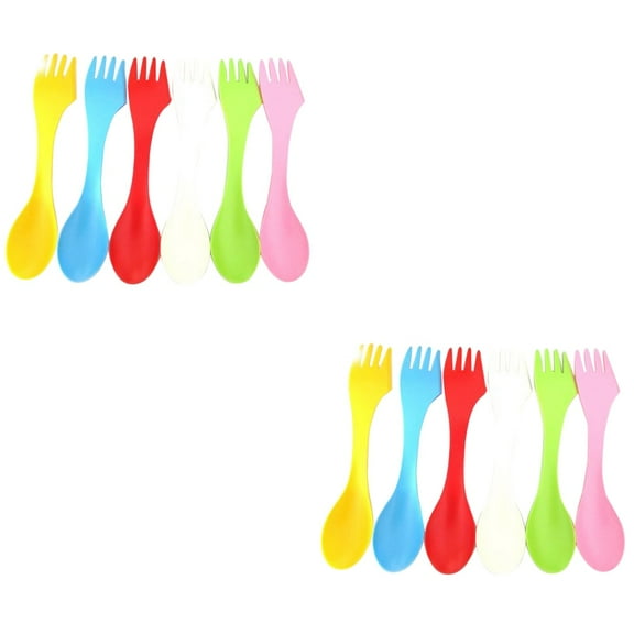 Hemoton 12 pcs  3 in 1 Flatware Set Acrylic Cutlery with Spoon and Fork (Pink White Yellow Red Green Blue)