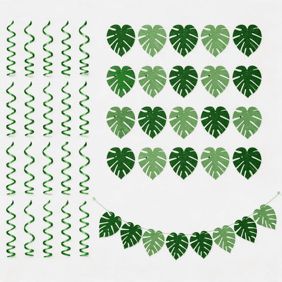 42 Pcs Tropical Palm Leaf Party Decorations, Hanging Swirls Leaves & Bunting Garland for Luau Birthday Jungle Theme (Green)