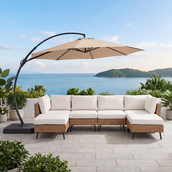 LAUSAINT HOME 12FT Sunbrella Patio Umbrella with Base, Outdoor Deluxe Curvy Cantilever Umbrella for Patio Pool Deck, Champagne