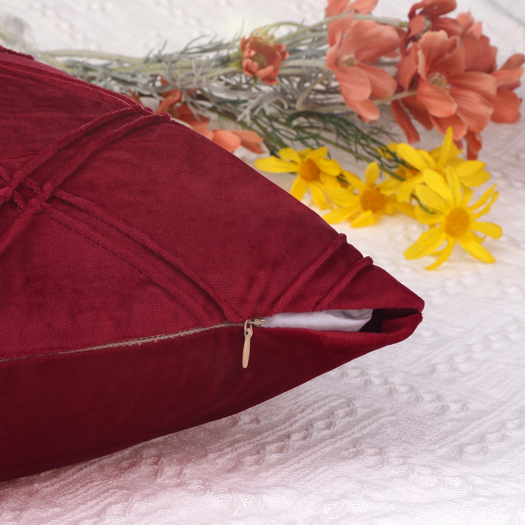 Unique Bargains 2 Diamond Pinch Pleated Solid Decorative Textured Throw Pillow Covers Red 18" x 18"