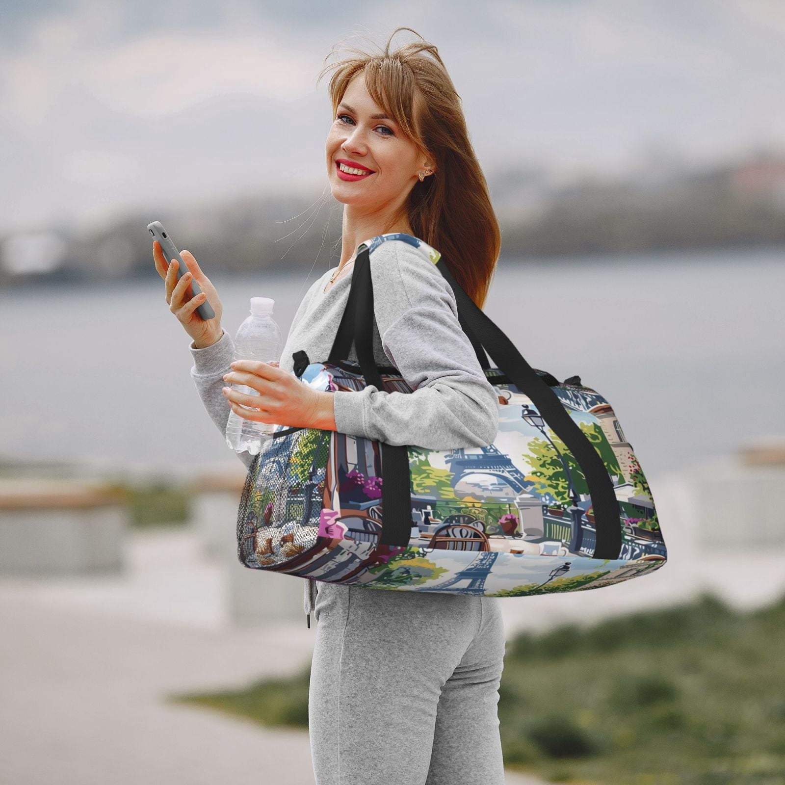 Kuqiui Parisian Cafe With Eiffel Print Foldable Travel Duffel Bag Tote Carry on Luggage Bag Personal item Sports Gym Bag Water Resistant Weekender Overnight Bags for Women and Men