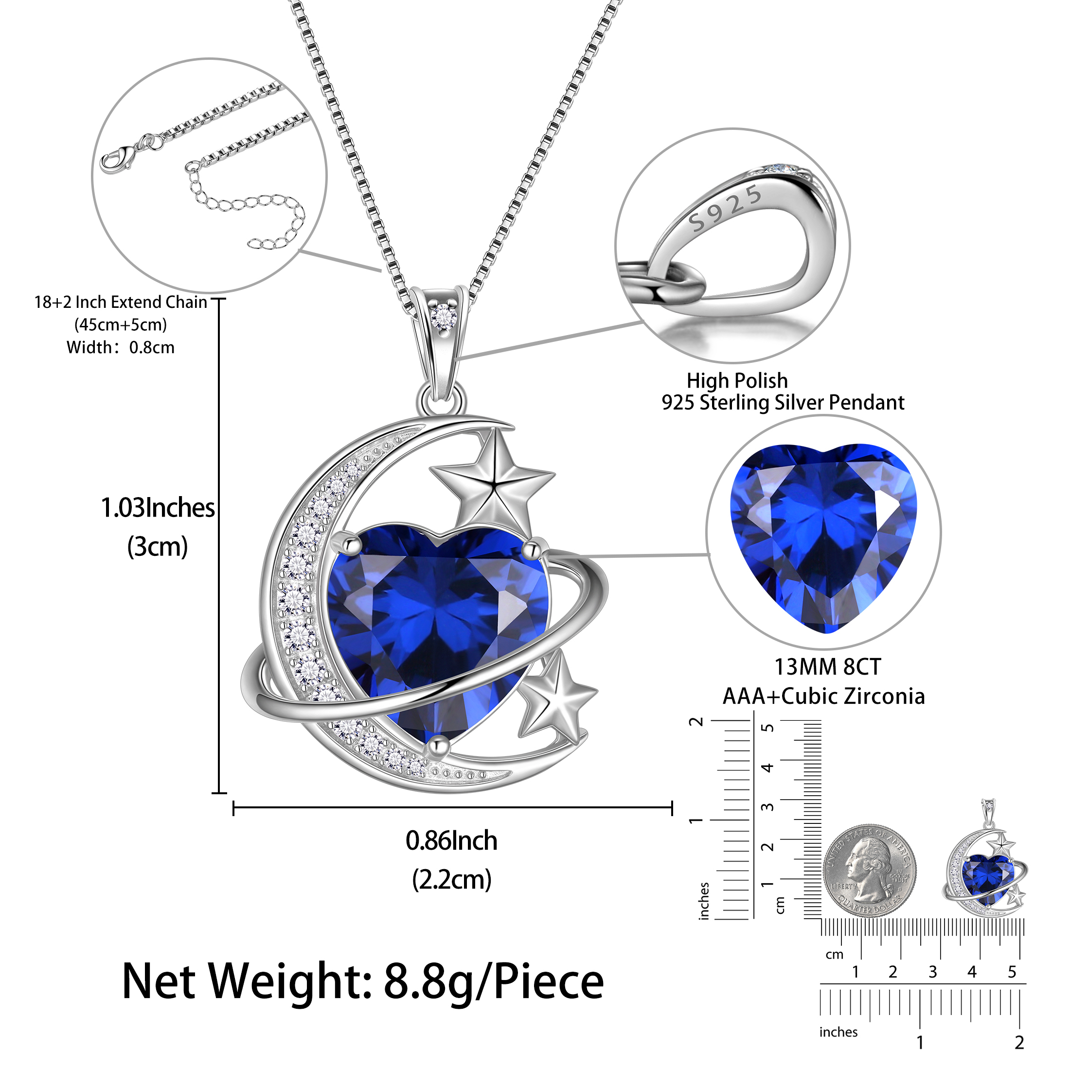 Juwaliy 925 Sterling Silver Heart Sapphire Birthstone Necklace photo 7