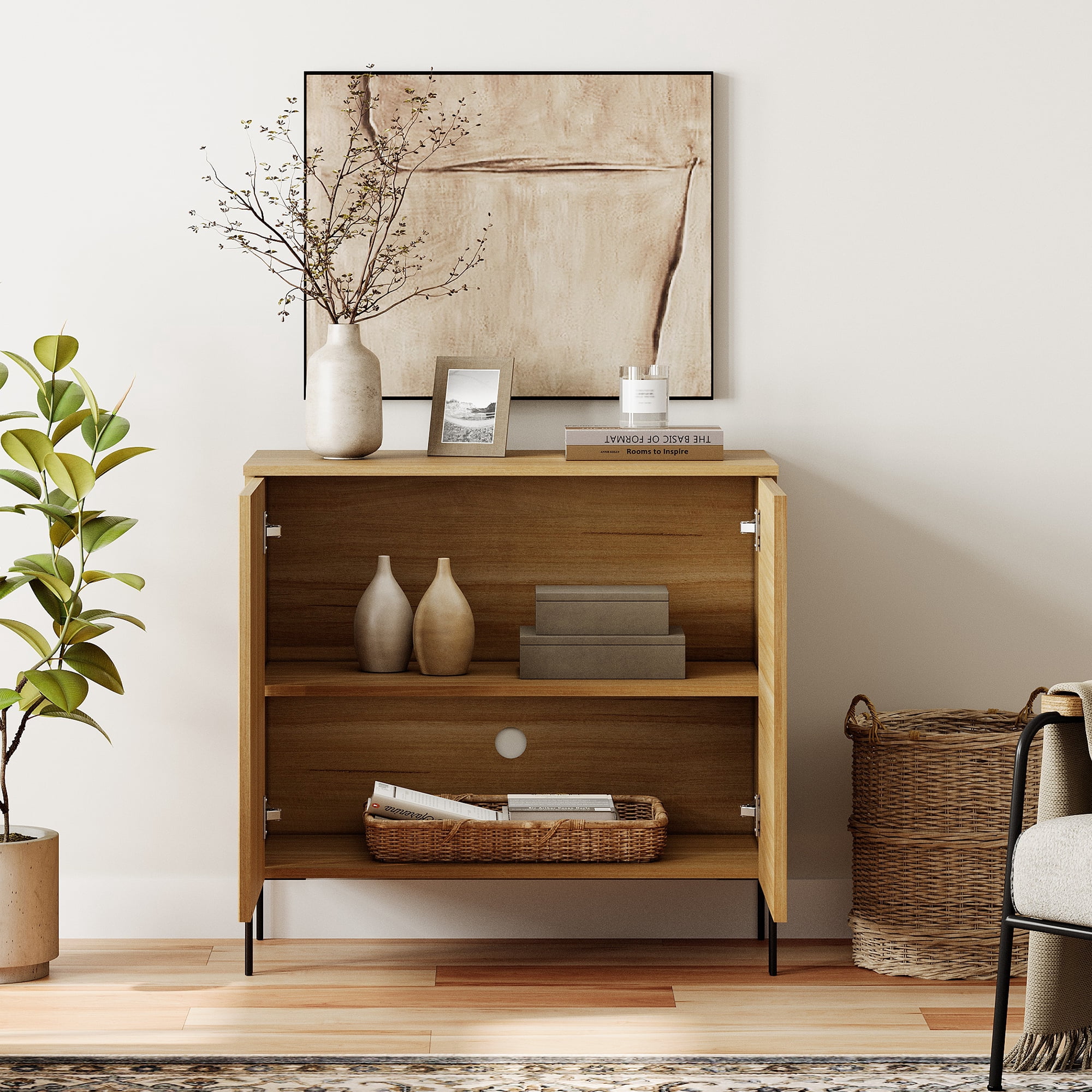31.5" Wooden Reeded Sideboard with 2 Doors, Modern Credenza Storage Cabinet for Kitchen, Dining Room