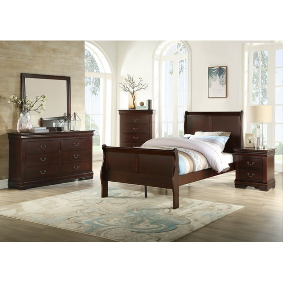 Emelina Philip Cherry Sleigh Bedroom Set Special Full 4 Piece: Bed, Dresser, Mirror, NightStand