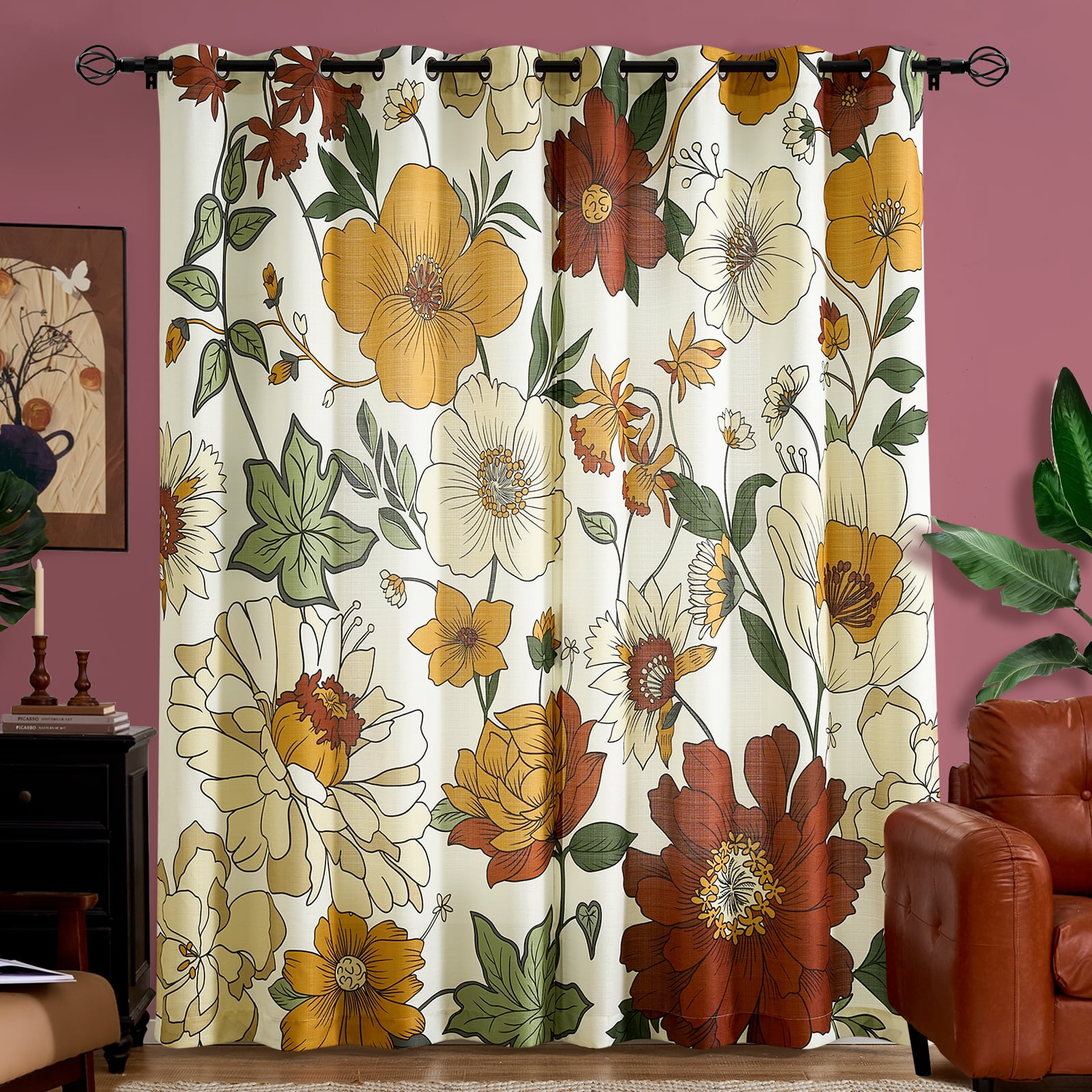 Curtainking Floral Curtains for Bedroom Linen Textured Curtains for Living Room Vintage Flower Pattern Printed Window Curtains 96 Inches Length 2 Panels Set with Grommet Beige