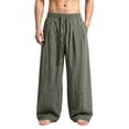 thumbnail image 2 of Ceisia Men's Linen Blend Wide Leg Pants Elastic Waist Drawstring Casual Solid Color Loose Fit Trousers Army Green XXXL Gift, 2 of 6