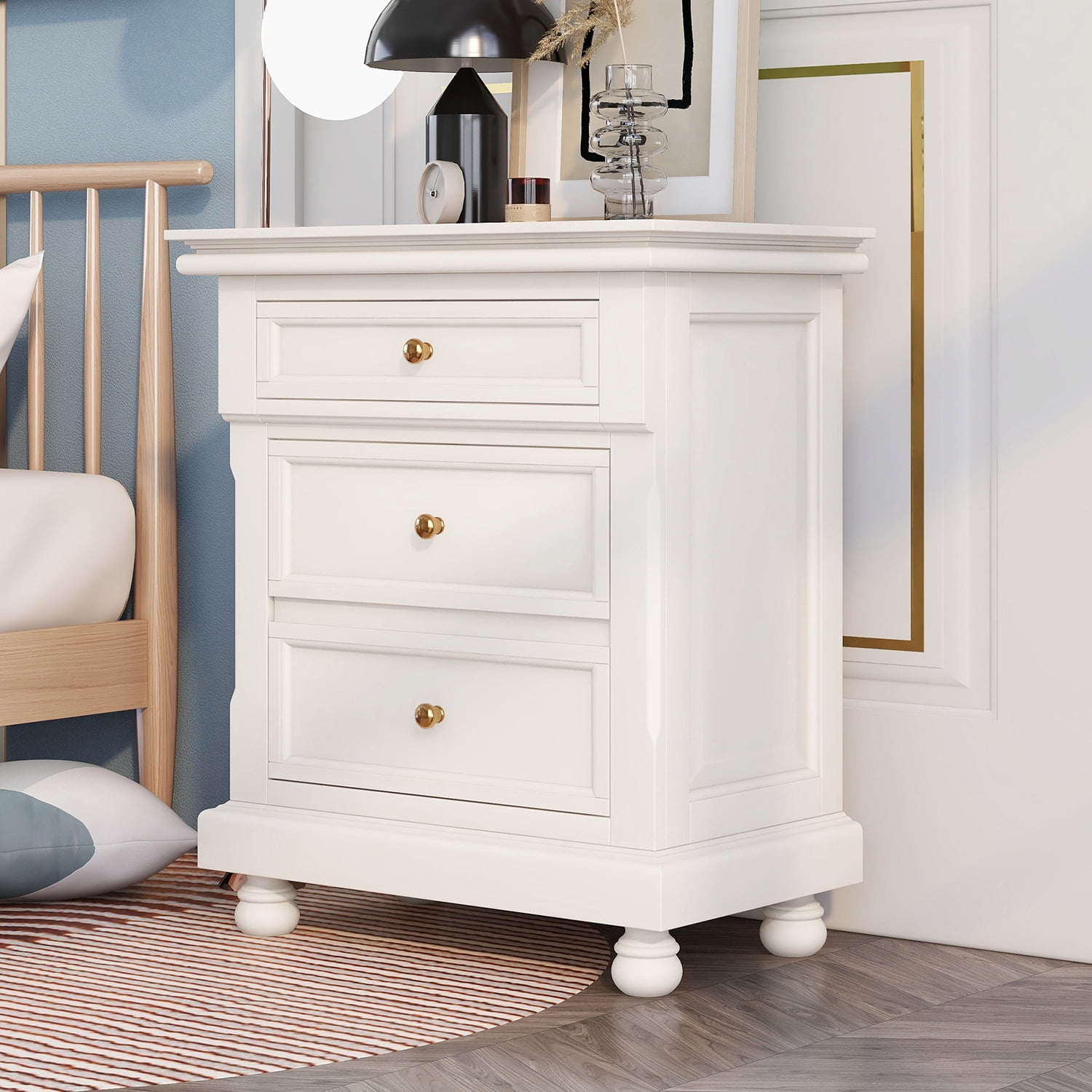 Kadyn Modern 3 Drawers Nightstand, Storage End Table with Silver Metal Handle, Bedside Table for Living Room and Bedroom, Beige