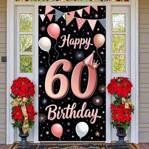 Pink Gold 60th Birthday Banner Glitter Display Balloon Decor Star Pattern 60th Celebration Backdrop for 60th Birthday Party Adult Celebration Indoor Event