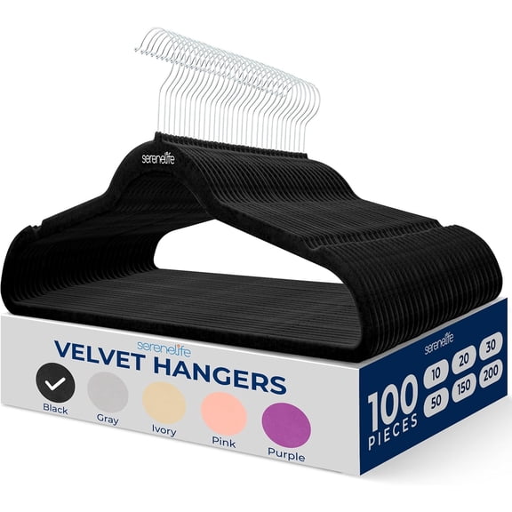 SereneLife 100 Pcs. of Velvet Non-Slip Clothes-Heavy Duty Coat Hanger (Black) Brown